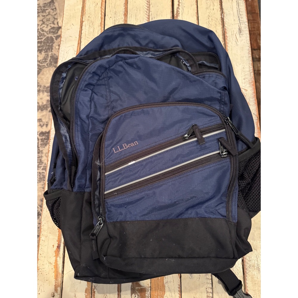 LL Bean Navy Blue Black Ripstop Nylon Multi Pocket Padded Backpack